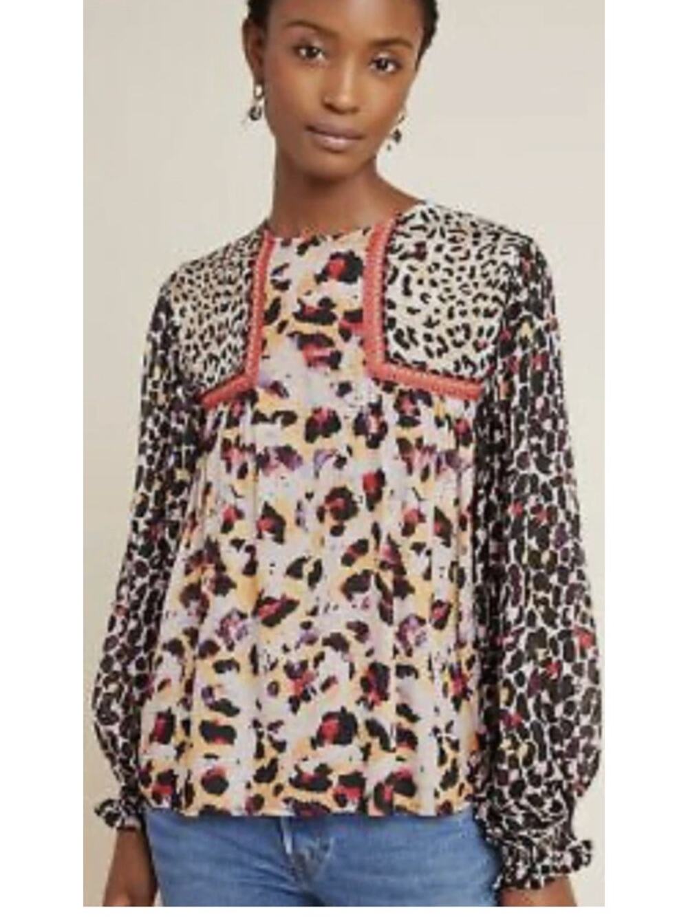 Anthro BL-NK Joelle Leopard Peasant Blouse XS Mixed Animal Boho Sheer Top